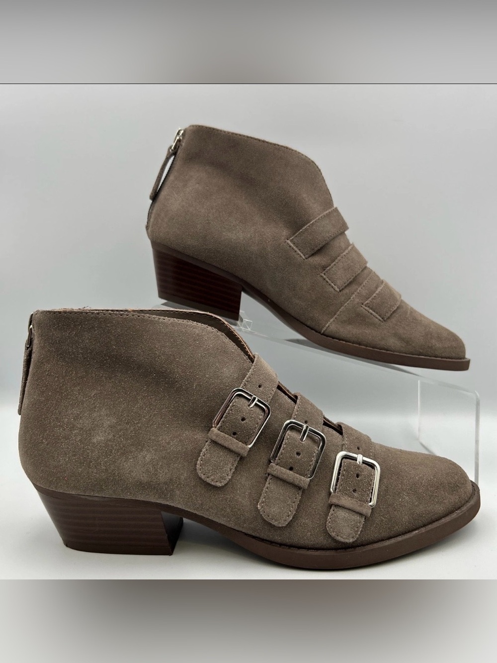Nine West Kigero Harness Ankle Boot Womens 7.5M Gray Suede Triple Buckle Moto